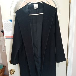 Anne Klein black knee length wool coat with buttons and hood.
